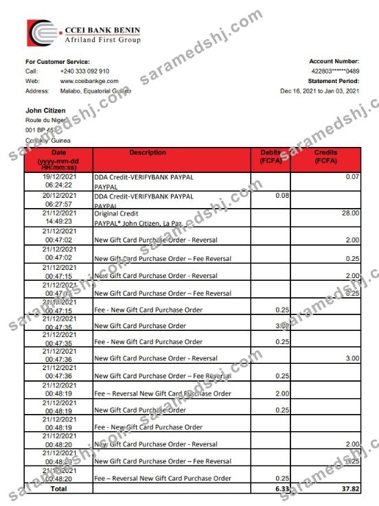 Equatorial Guinea CCEI Bank Benin bank statement easy to fill template in .xls and .pdf file format